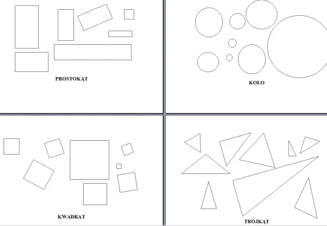 Karta pracy figury geometryczne: prostokąty, koła, kwadraty i trójkąty.