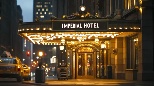 Imperial Hotel w blasku świateł, luksusowy motel w mieście. Obok żółte taksówki, nocne życie miasta.