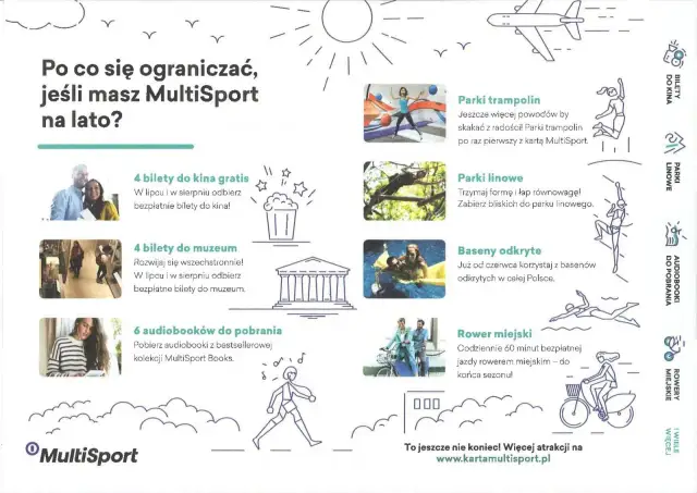 Karta MultiSport oferuje kino, muzea, parki trampolin i linowe, baseny, rowery miejskie i audiobooki. Dowiedz się, jak działa karta MultiSport, by cieszyć się latem bez ograniczeń!