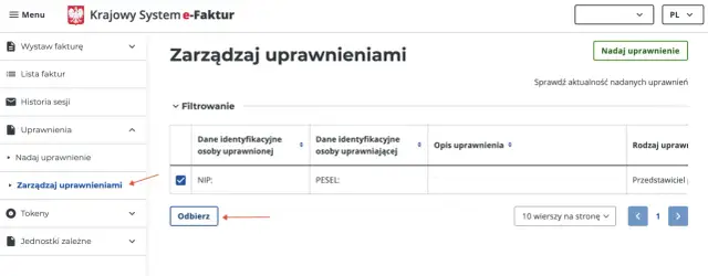 Widok formularza zaw-fa do zarządzania uprawnieniami. Można tu odebrać lub nadać uprawnienia, a także przeglądać listę faktur.