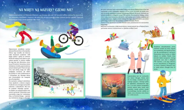 Ilustracja przedstawia zimowe aktywności na Mazurach: snowboardzistę, rowerzystę górskiego, saneczkarzy i narciarzy.