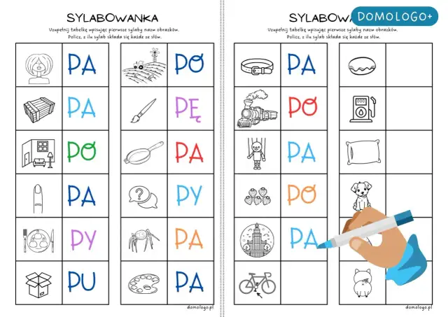 Zabawa z sylabami: "PA", "PO", "PE", "PY", "PU" dla dzieci. Obrazki pomagają w nauce czytania.