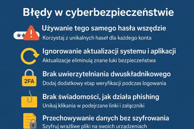 Błędy w cyberbezpieczeństwie: używanie tego samego hasła, ignorowanie aktualizacji, brak 2FA, klikanie w phishing, przechowywanie danych bez szyfrowania. Oto czego nie robić w internecie.