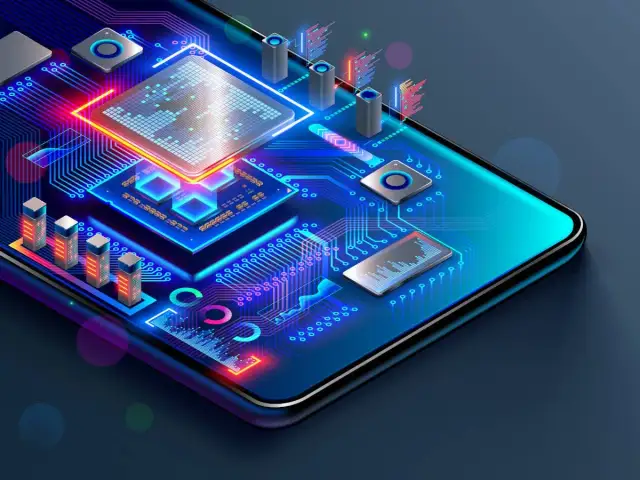 Abstrakte Darstellung eines Smartphone-Prozessors mit leuchtenden Schaltkreisen und Komponenten.