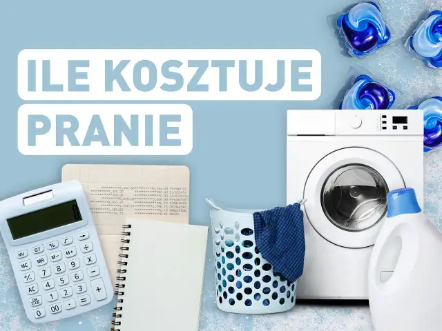 Ile wody zużywa pralka? Obok pralki leży kalkulator, notatnik i płyn do prania.