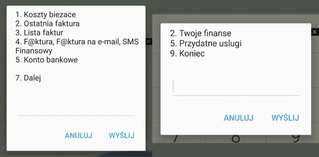 Menu T-Mobile na kartę: koszty, faktury, finanse, usługi. Wybierz opcję lub wpisz kod.