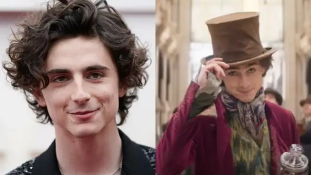 Timothée Chalamet jako Willy Wonka, w cylindrze i kolorowym szaliku, przygotowuje się do przygody.