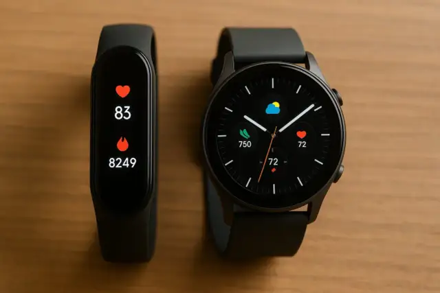 Deux montres connectées sur un bureau en bois. L'une affiche le rythme cardiaque et les pas, l'autre la météo et le rythme cardiaque. Apprenez comment activer le bluetooth sur une montre connectée.