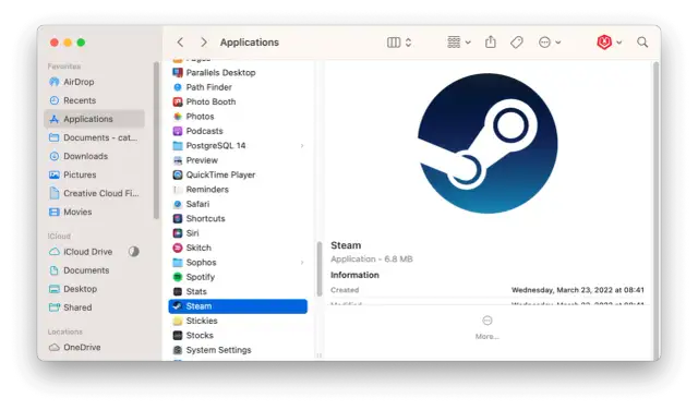 Ikona aplikacji Steam w folderze Aplikacje na komputerze Mac.