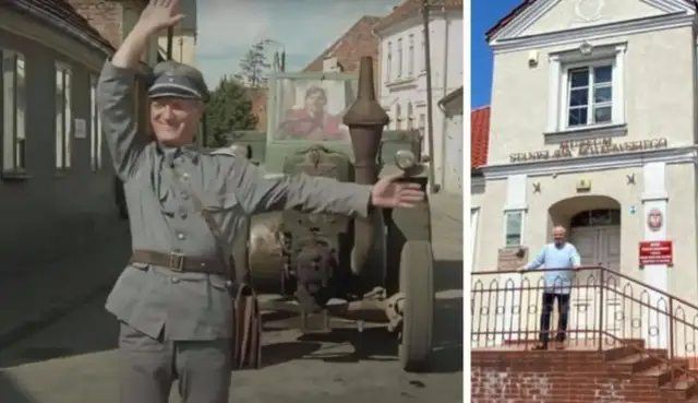 Scena z serialu "Gdzie kręcono Wiosna Panie Sierżancie" i współczesne zdjęcie Muzeum Stanisława Grzesiuka.