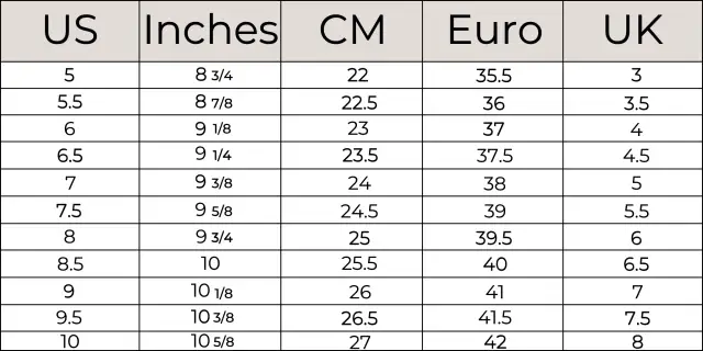Tabela rozmiarów obuwia: US, Inches, CM, Euro, UK.