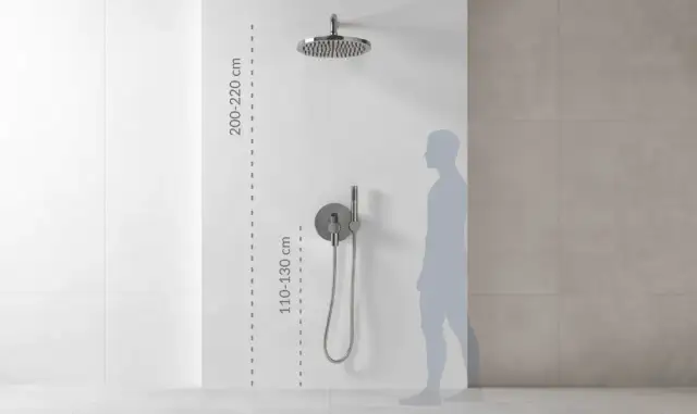 Wysokość baterii prysznicowej: deszczownica 200-220 cm, panel sterujący 110-130 cm. Idealne dopasowanie do wzrostu.