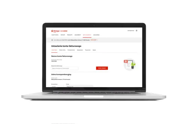 Laptop z otwartym interfejsem ustawień konta fakturowego Energa, widoczne pola do edycji nazwy i adresu.