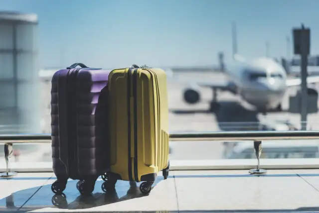 Zwei Koffer, lila und gelb, stehen am Flughafen vor einem Flugzeug.