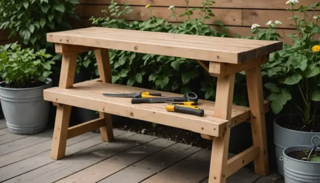 Drewniane meble ogrodowe DIY: dwupoziomowa ławka z narzędziami ogrodniczymi.