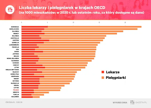 Wykres pokazuje, ile jest lekarzy w Polsce (ok. 3 na 1000 mieszkańców) i pielęgniarek w krajach OECD.