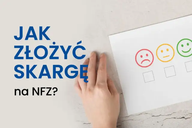 Dłoń na arkuszu z emotikonami: smutna, neutralna, uśmiechnięta. Tekst: Jak złożyć skargę na NFZ?
