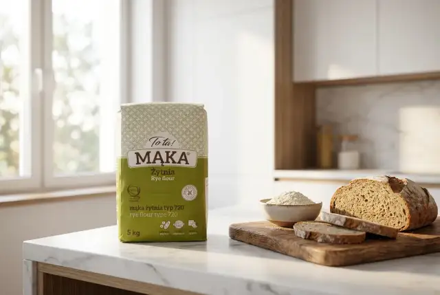 Torba mąki żytniej, bochenek chleba i miseczka z mąką na blacie kuchennym.