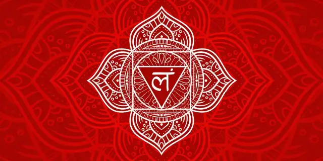 Rotes Mandala mit weißem Symbol. Die Farbe Rot hat eine tiefe spirituelle Bedeutung, sie steht für Kraft und Erdung.