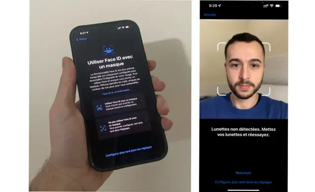 Configuration de Face ID sur iPhone 11 avec ou sans masque. L'écran affiche un homme tentant de configurer ses lunettes.