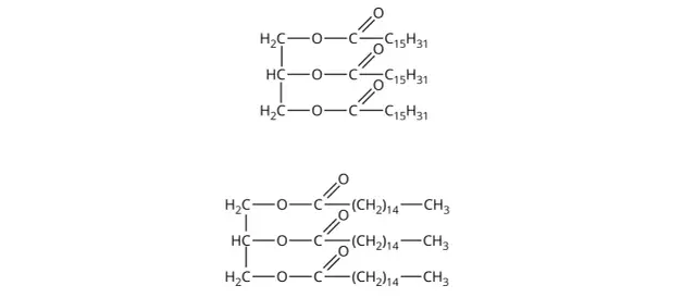 Struktury chemiczne glicerolu estryfikowanego kwasem stearynowym (glyceryl stearate) i kwasem palmitynowym.