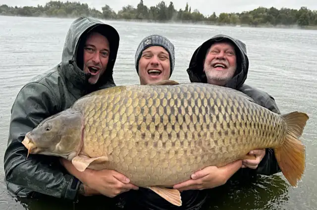 Trzech wędkarzy z dumą prezentuje gigantycznego karpia, prawdopodobnie nowy rekord. Ryba jest ogromna, a jej łuski lśnią w wodzie.