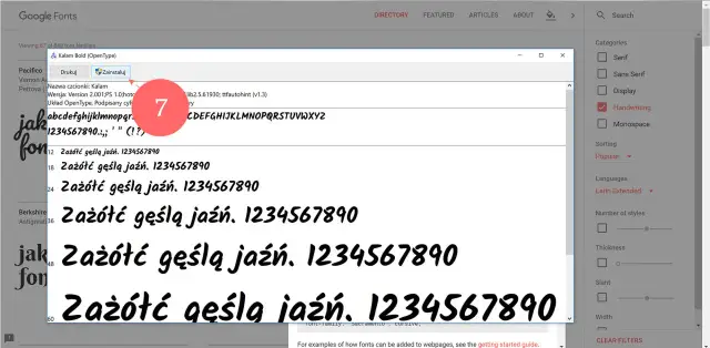 Okno dialogowe Google Fonts z podglądem czcionki Kalam Bold i przyciskiem "Zainstaluj".