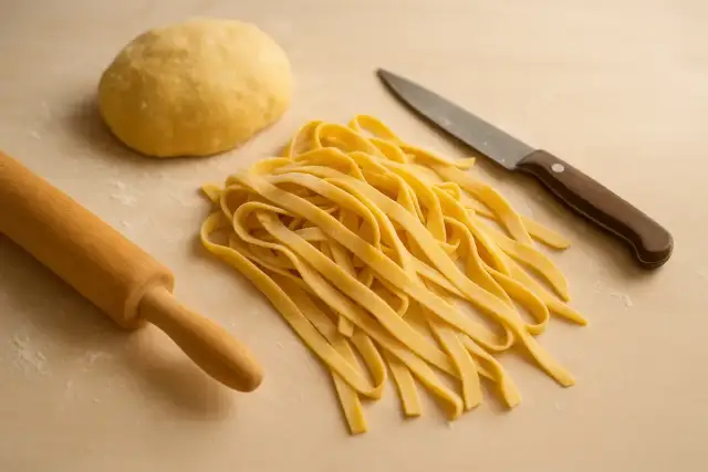 Masa fresca, rodillo, cuchillo y pasta lista para cocinar. Aprende como hacer pasta casera.