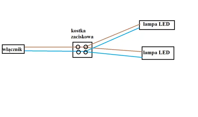 Schemat podłączenia lampy LED z włącznikiem przez kostkę zaciskową. Dwa przewody zasilające łączą się w kostce, a następnie rozchodzą do dwóch lamp LED.