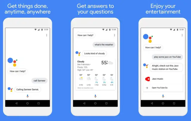 Trois écrans de téléphone affichant l'Assistant Google. L'un montre "Hey Google ne fonctionne pas" et appelle Sameer, un autre donne la météo, le dernier joue du jazz sur YouTube.