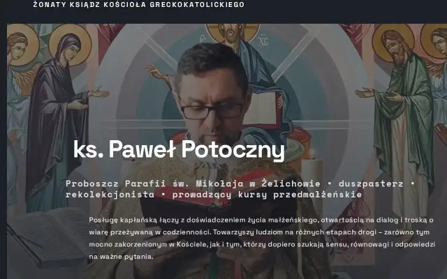 Ksiądz Paweł Potoczny w szatach liturgicznych, na tle ikonografii religijnej.