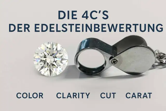 Ein glitzernder Diamant neben einer Lupe, die die 4C's der Edelsteinbewertung erklärt. Der Wert eines 40 Karat Diamanten hängt von diesen Faktoren ab.