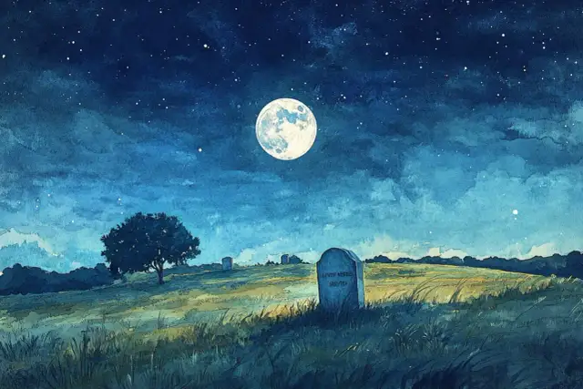 Nocny krajobraz z księżycem, gwiazdami i nagrobkiem na wzgórzu.