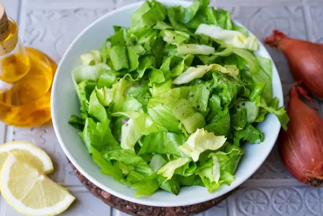 Frischer Salat mit Zwiebeln, Zitrone und Öl – ein einfaches endiviensalat rezept.