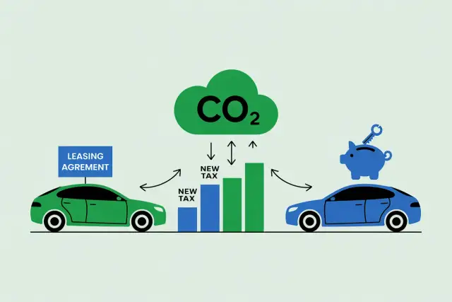 Zielony samochód z umową leasingową i niebieski z skarbonką. Wykres pokazuje nowe podatki związane z emisją CO2, wpływając na koszty uzyskania przychodu.