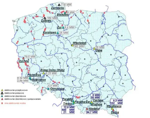 Mapa przedstawia teren na którym zostanie wybudowana elektrownia wodna i jej wpływ na środowisko