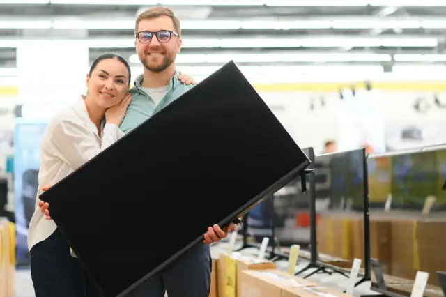 Szczęśliwa para trzyma nowy telewizor. Zastanawiasz się, hisense co to za firma? To producent elektroniki, który oferuje wysokiej jakości sprzęt.