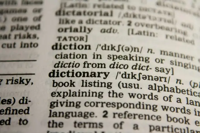 Słownik z hasłem "dictionary" i jego definicją. Idealny do nauki nowych słów, świetne wyrazy na d dla dzieci.