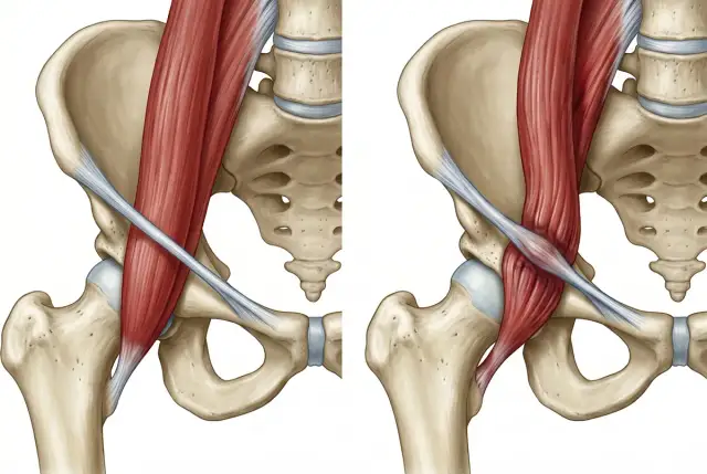 Anatomia biodra: po lewej mięsień przyczepiony luźno, po prawej widać przeskakiwanie w biodrze, gdy mięsień napina się i przesuwa.