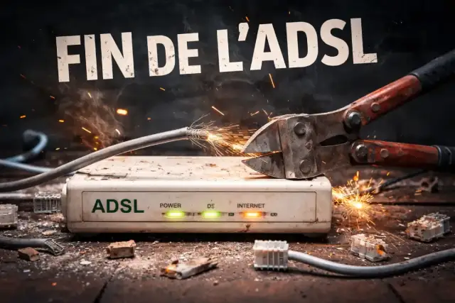 Des grosses pinces coupantes sectionnent un câble ADSL, provoquant des étincelles. Le texte "FIN DE L'ADSL" flotte au-dessus.