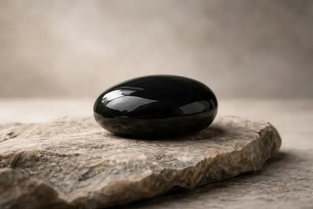 Glatter, schwarzer Obsidian-Stein auf grobem Fels. Seine tiefe Farbe symbolisiert Schutz und Transformation, die Obsidian Bedeutung.