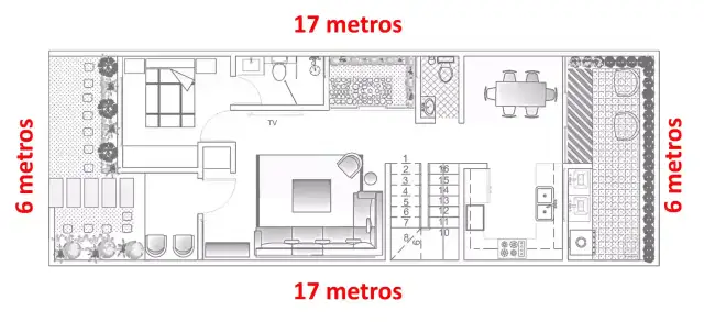 Plano de un chalet adosado de 17x6 metros, mostrando distribución de salón, cocina, dormitorio, baños y jardín.