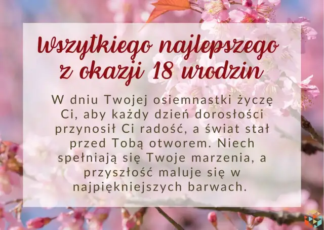 Różowe kwiaty wiśni na tle, z napisem "Wszystkiego najlepszego z okazji 18 urodzin".