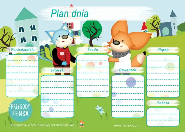 Plan dnia dla dziecka z kotkiem i liskiem. Pomaga zaplanować tydzień od poniedziałku do soboty.