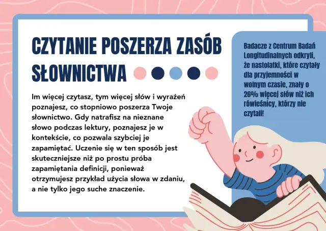 Ilustracja przedstawia uśmiechniętą dziewczynkę z podniesioną ręką, siedzącą na otwartej książce.