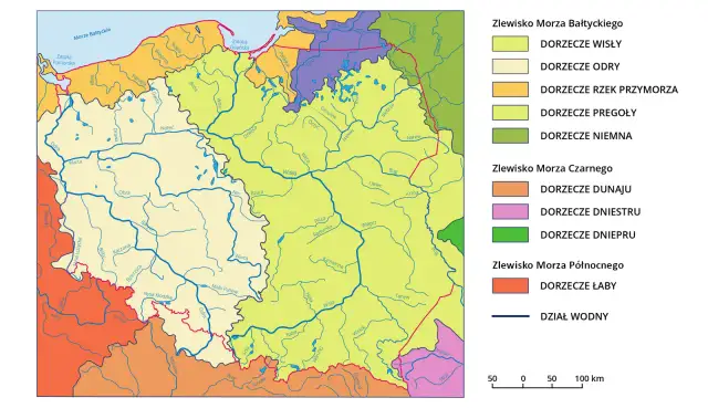 Mapa Polski z zaznaczonymi dorzeczami Wisły, Odry i rzek przymorza, z legendą.