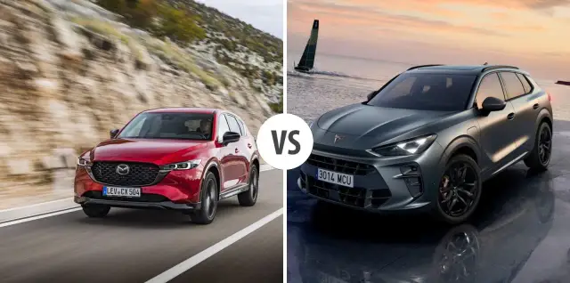 Czerwona Mazda CX jedzie po górskiej drodze, a szary SUV stoi nad wodą.