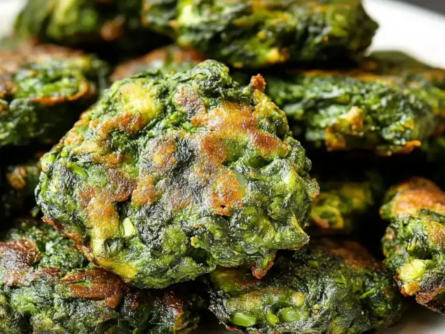 Buñuelos de espinacas dorados y crujientes, apilados en un plato. Un bocado delicioso y saludable.