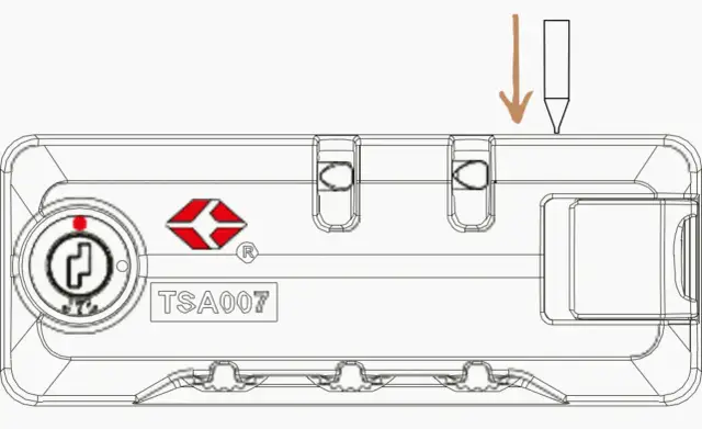 Schemat blokady TSA na walizce Samsonite. Strzałka wskazuje miejsce, gdzie należy włożyć klucz, aby otworzyć walizkę.