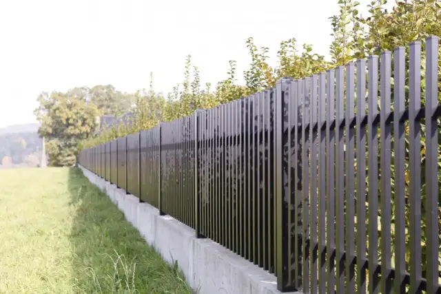Nowoczesne, czarne ogrodzenie z pionowych profili, które wydaje się być niezgodne z granicą działki, biegnie wzdłuż betonowego murku.